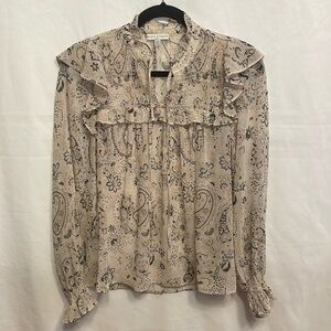 Ruffled Paisley Print Long-Sleeve Blouse - Cream